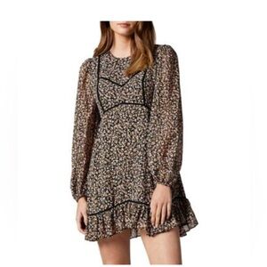 Ever New Floral Tan and Black Fit and Flare Dress with Mock Neck